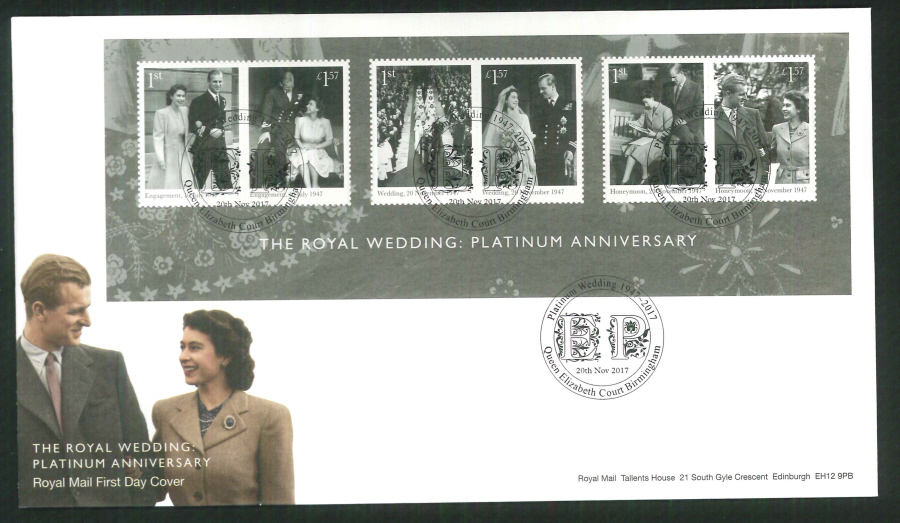 2017 The Royal Wedding Platinum Anniversary MS FDC - Queen Elizabeth Court Birmingham Postmark - Click Image to Close